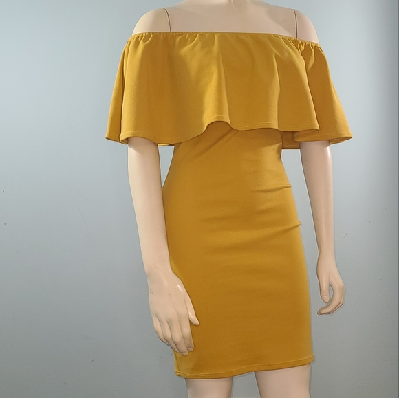 Pinc Mustard Off-Shoulder Mini Dress, S - Picture 2 of 8